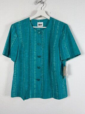 Vintage Leslie Fay Womens Jade Striped Blouse Short Sleeve Button Front 16 New